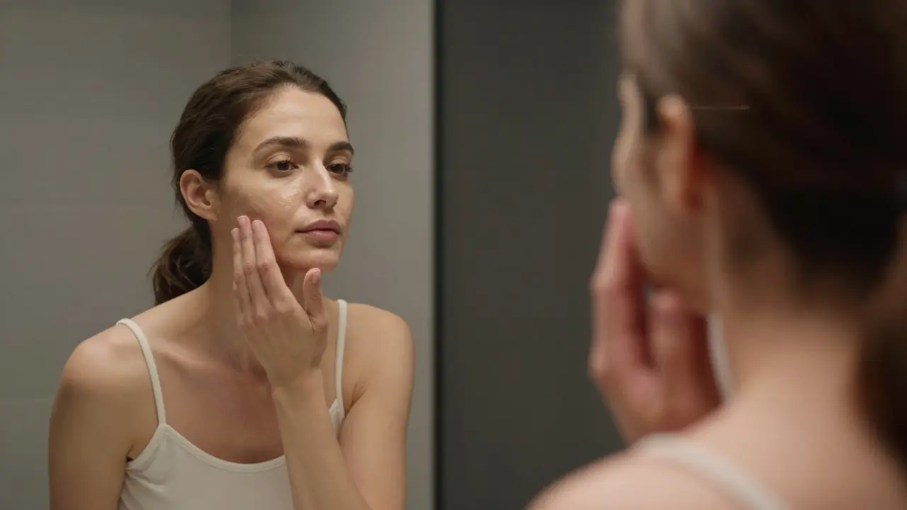 Žena se dívá do zrcadla, na její pokožce se objevují jemné zářivé prvky zdraví