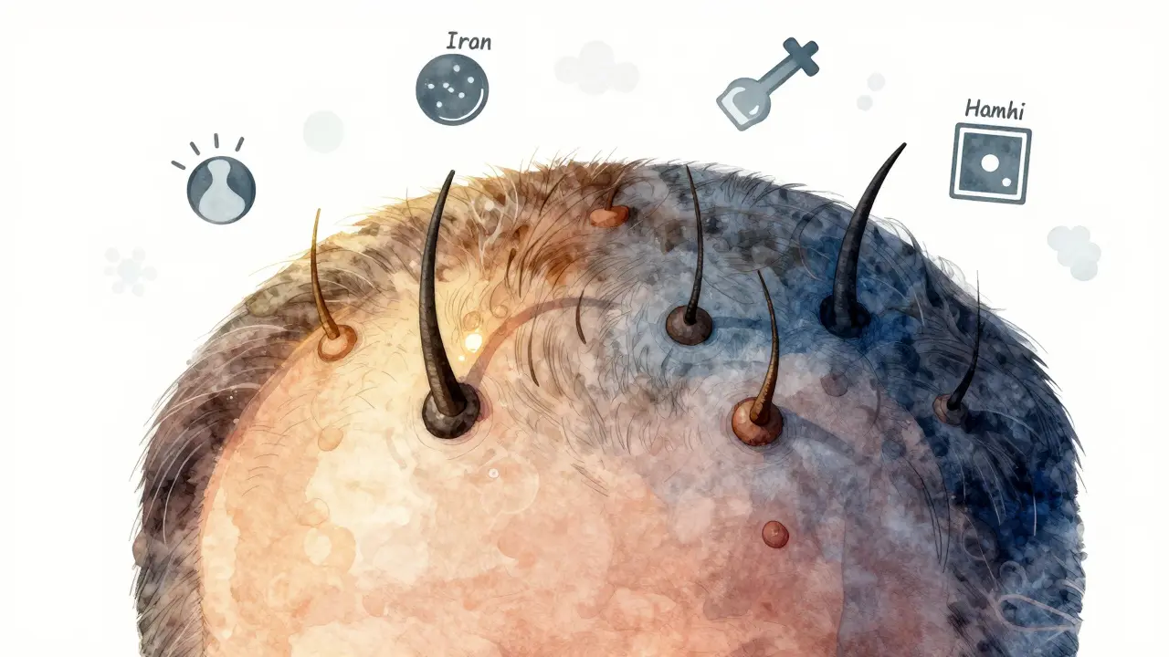 Zvětšený pohled na pokožku hlavy s porovnáním zdravých a nečinných vlasových folikulů.