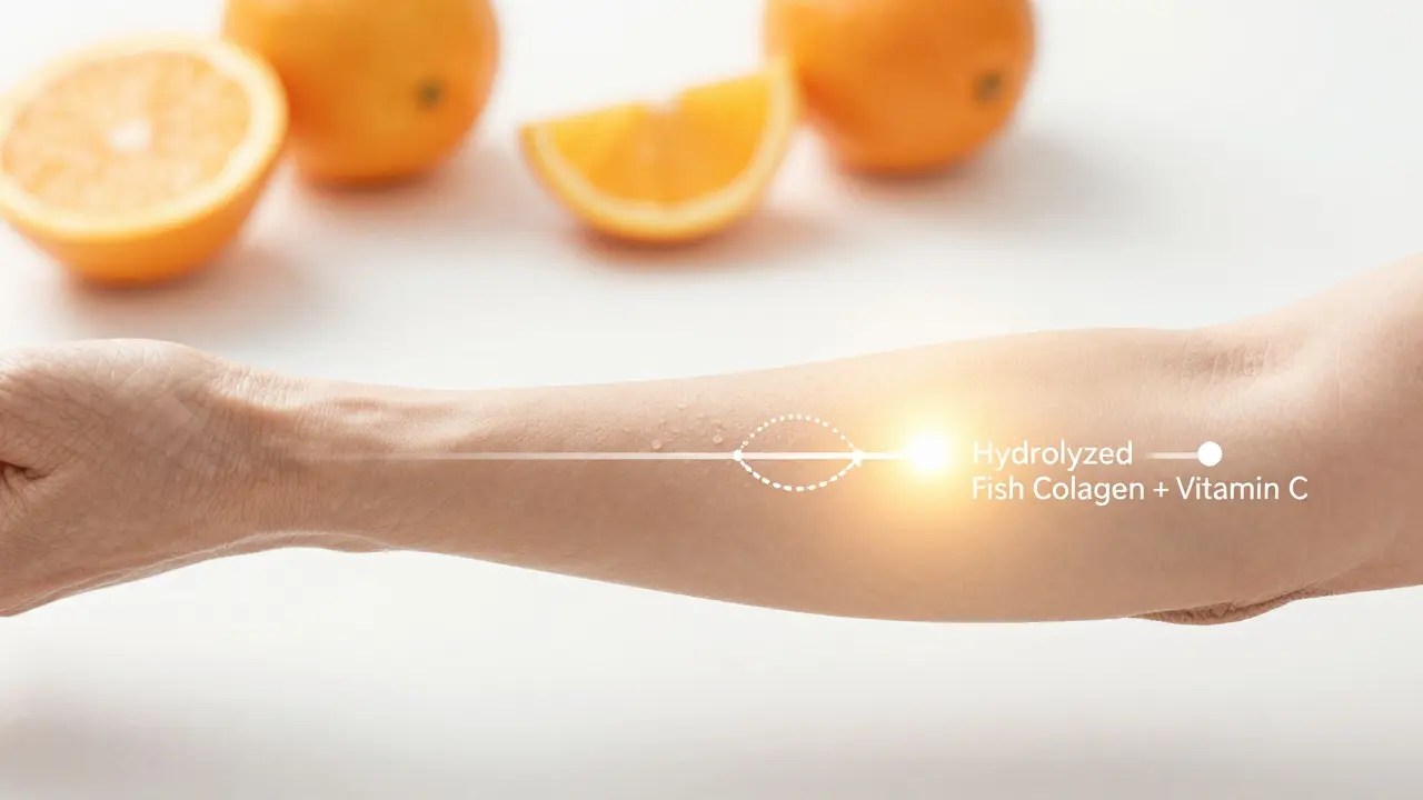 Časová osa kůže: stará, vráskovitá na levé straně a obnovená, hladká na pravé straně po 12 týdnech doplňku.