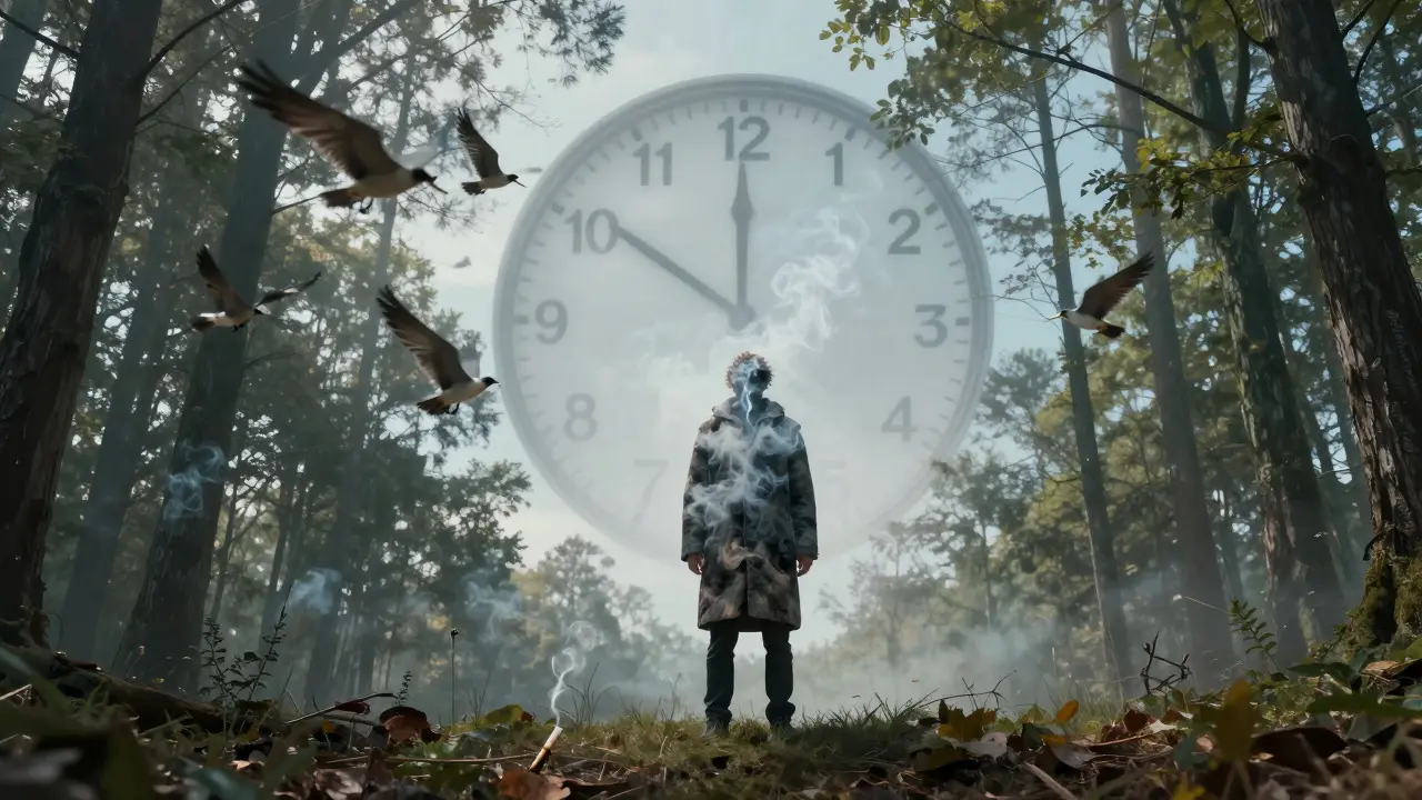 Člověk stojí v lese, kouř z jeho pláště se mění v ptáky letící do nebe.