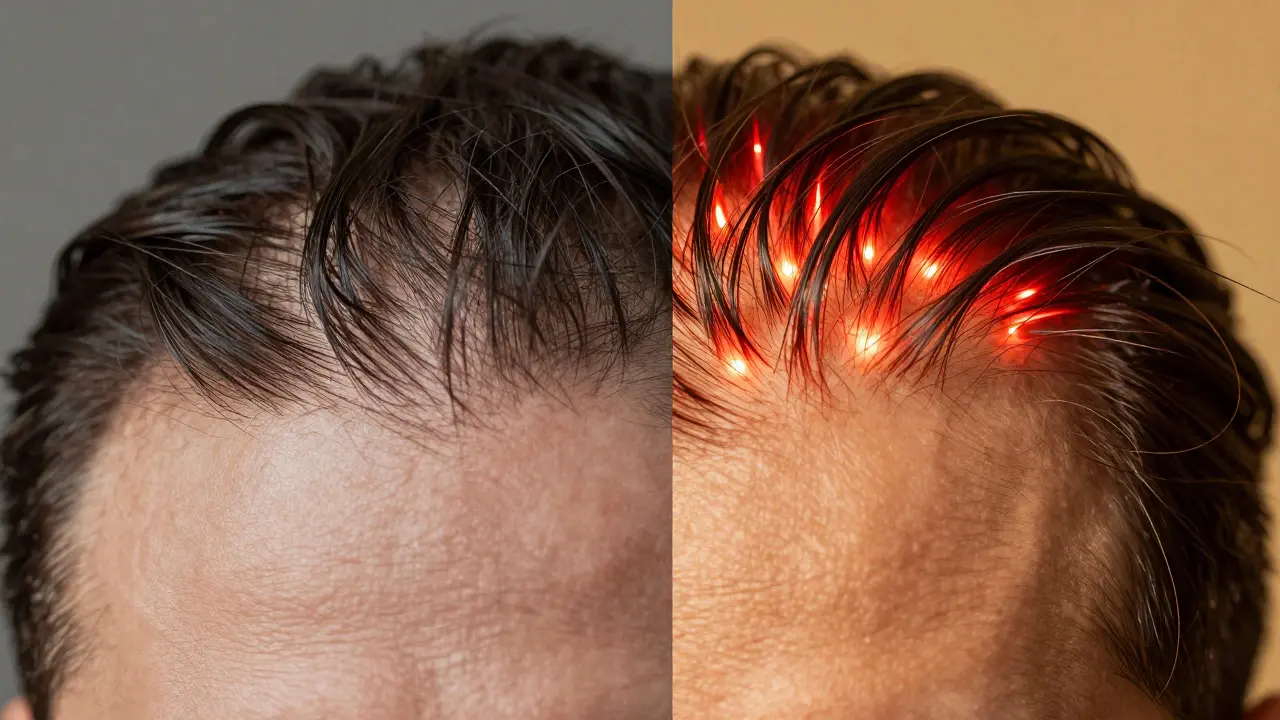 Dvě části kůže hlavy: jedna poškozená a šedá, druhá obnovená s aktivními folikuly a hustými vlasy.