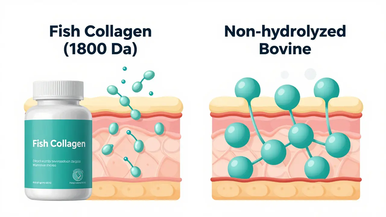 Dvě láhve doplňků: rybí hydrolyzovaný kolagen s vstřebávanými peptidy a hovězí kolagen blokovaný kůží.