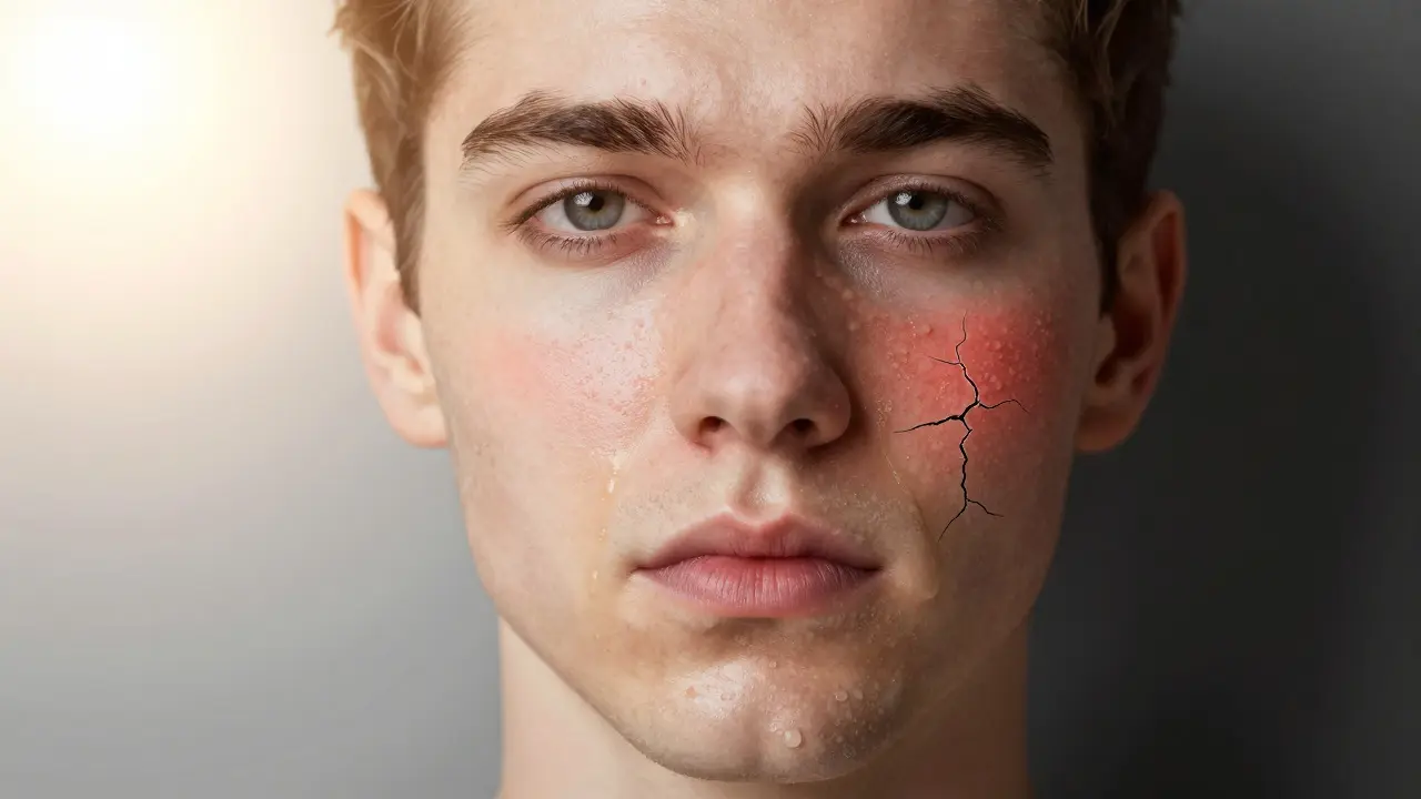 Dvě poloviny obličeje: čistá pleť napravo a podrážděná pleť způsobená příliš častým mytím.