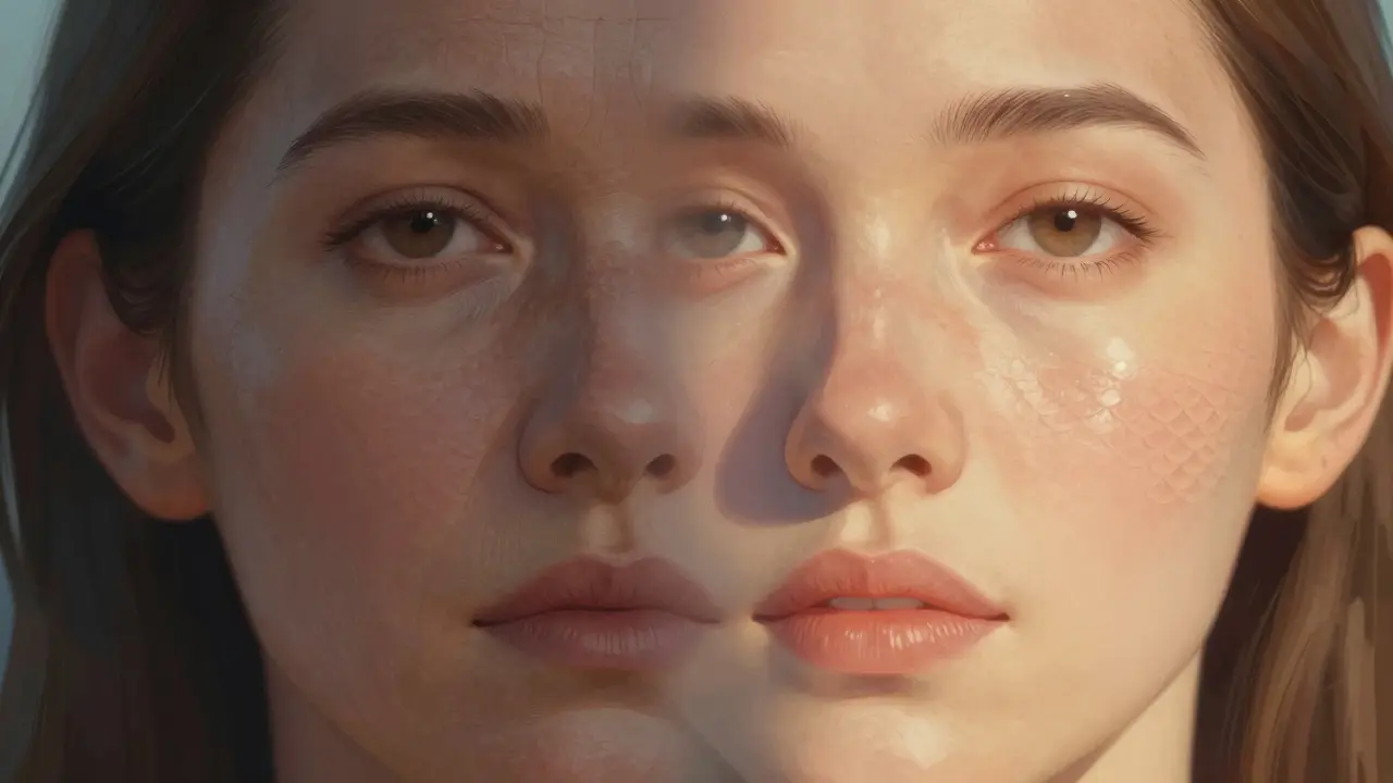 Dvě poloviny obličeje: jedna stará a vráskovitá, druhá mladistvá a hladká po injekci kolagenu.