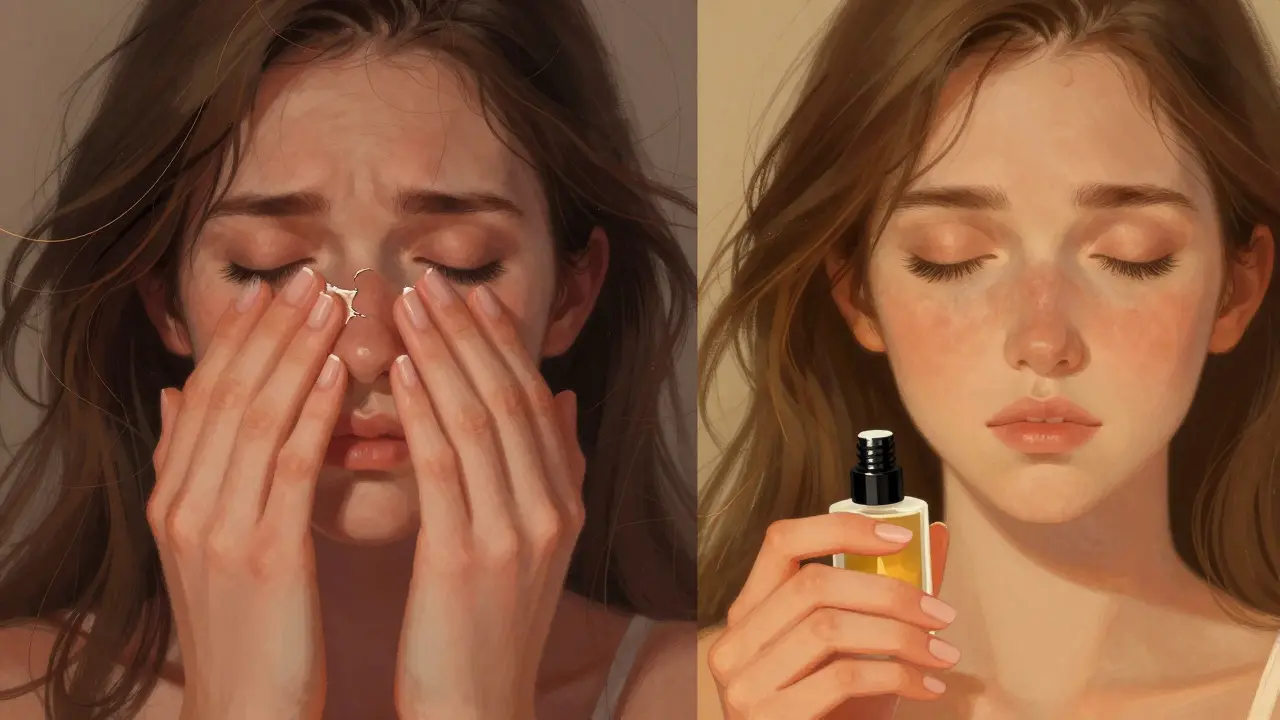 Dvě strany téhož člověka: jedna s poškozenými nehty a stresem, druhá s čistými nehty a klidem.