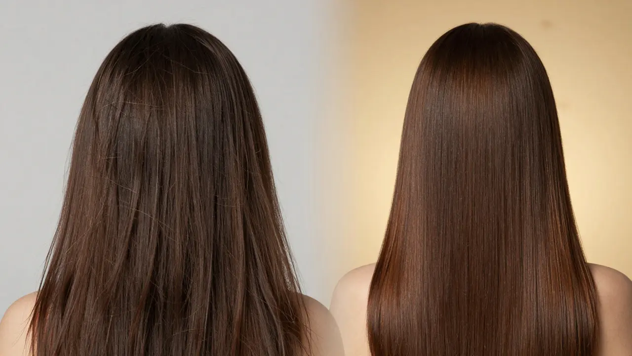 Dvě strany vlasů: poškozené vlevo, obnovené vpravo, znázorňující vývoj za 6 měsíců.