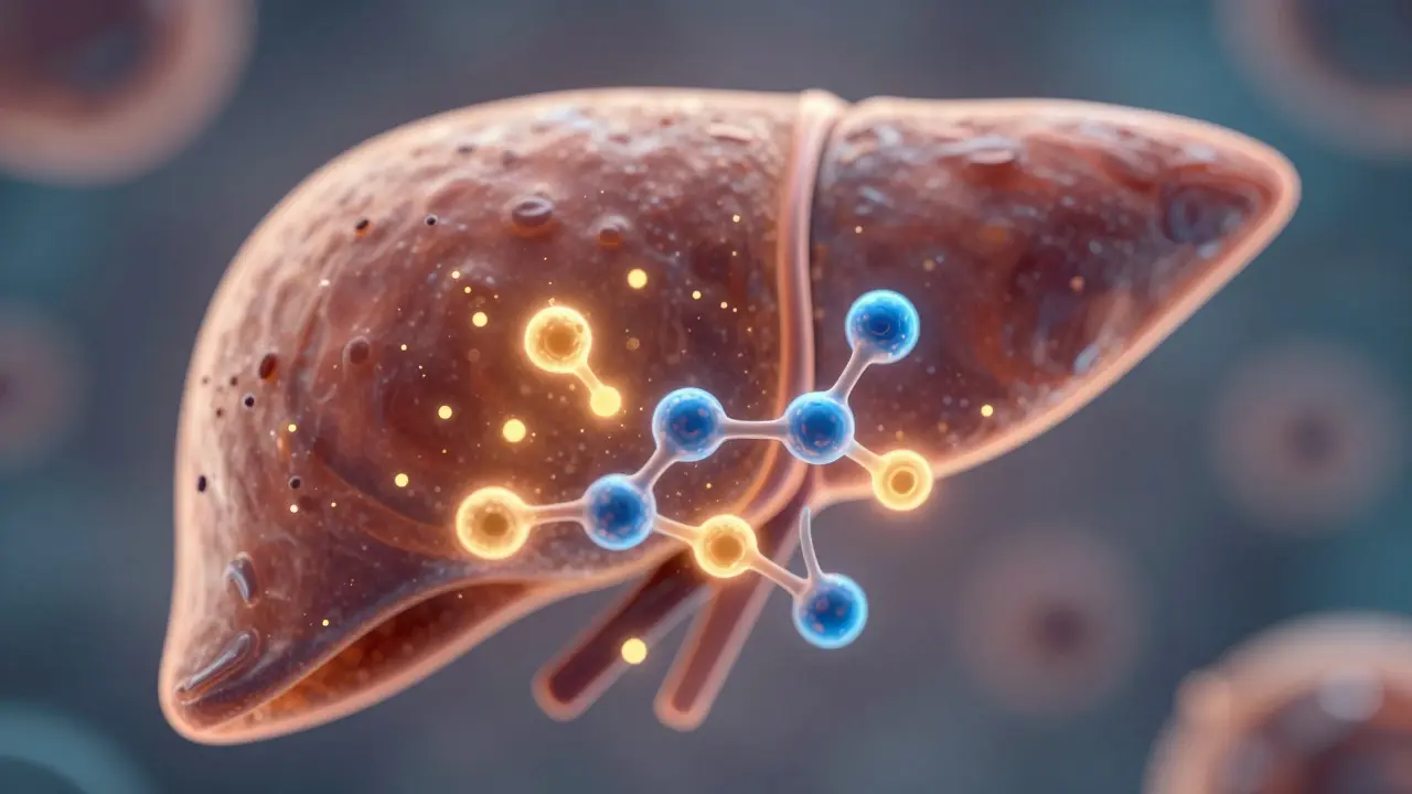 Játra s zářícími částicemi metabolizujícími alkohol.