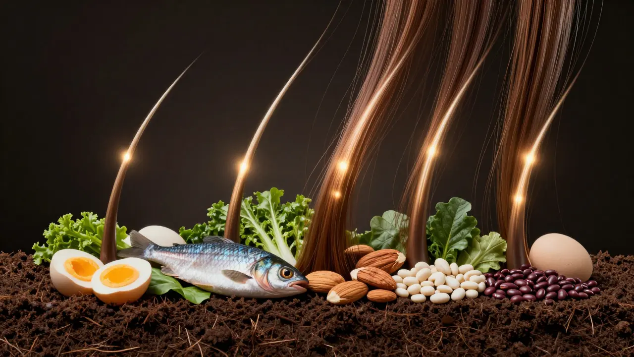 Koncepční obrázek vlasového folikulu živněný potravinami jako vajíčka, ryby a ořechy