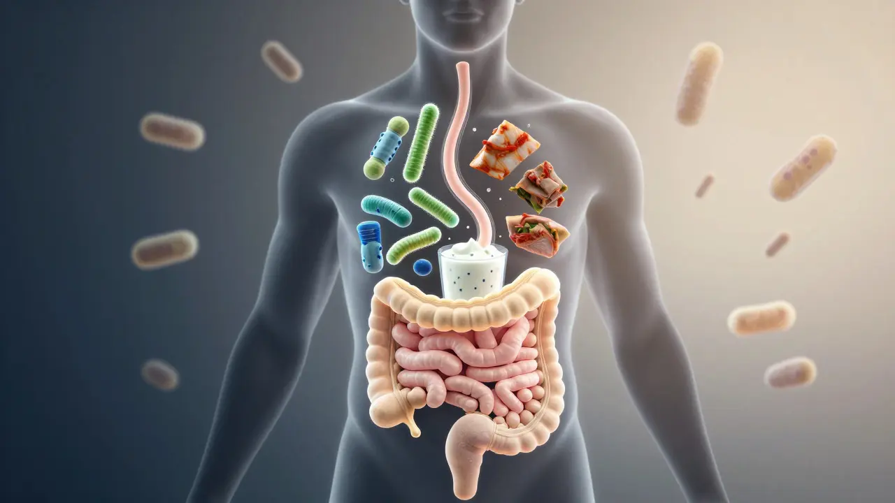 Kontur člověka s osvětleným trávicím systémem, který obnovuje rovnováhu mikroflóry.