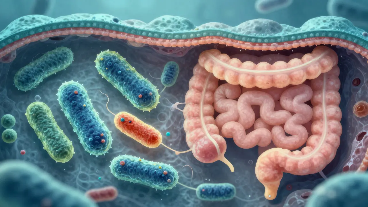 Mikroskopický pohled na dobré a škodlivé bakterie v střevech, laktobacily vytláčejí patogény.