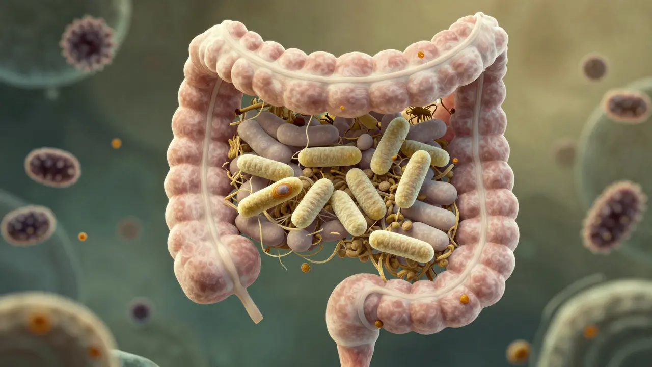 Mikroskopický pohled na střevní mikrobiom s užitečnými bakteriemi a vlákninou