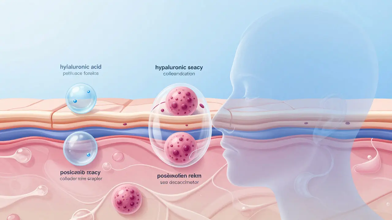 Mikroskopický pohled na účinky liftingového krému na kůži: hydrataci a stimulaci kolagenu.