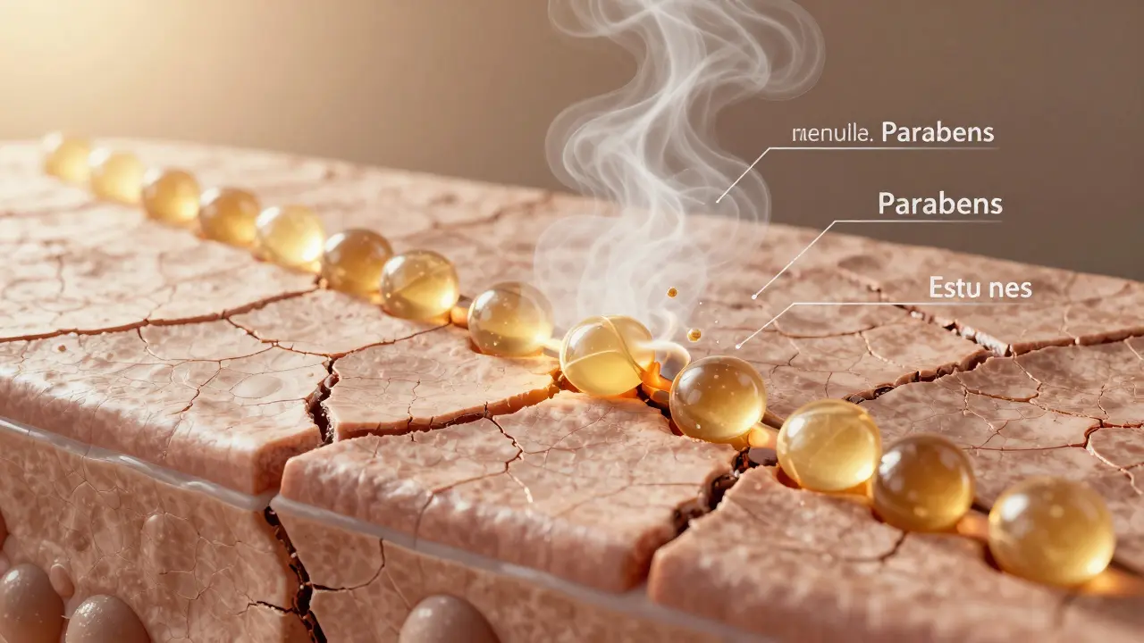 Obnova kůžní bariéry: ceramidy a cholesterol opravují poškozenou pokožku, škodlivé látky se rozptýlí.