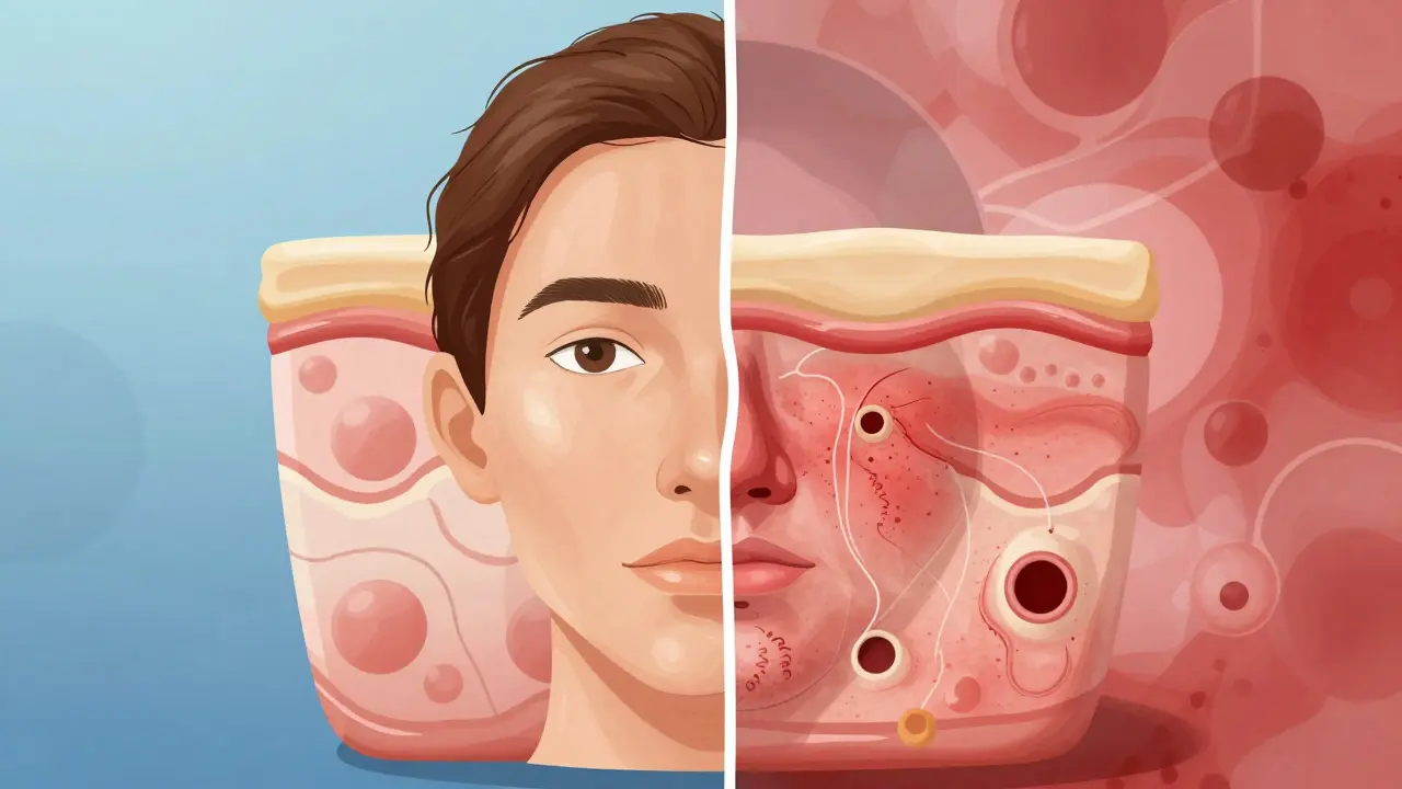 Porovnání zdravé pleti s podrážděnou pletí po příliš častém peelingu.