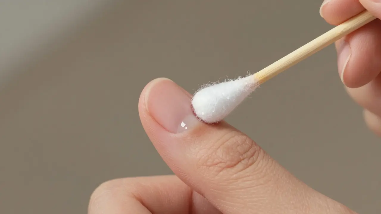 Použití chlorhexidinu na zánět kolem nehtu bez tlačení.