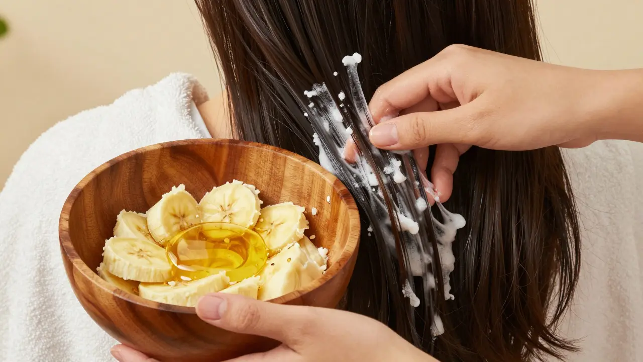 Ruce aplikují domácí masku z banánu, medu a olivového oleje na vlasy.