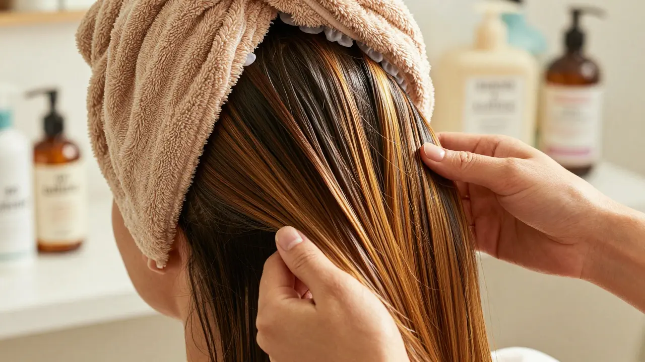 Ruce nanášejí masku na vlasy, obalené teplým ručníkem, s přírodními oleji.