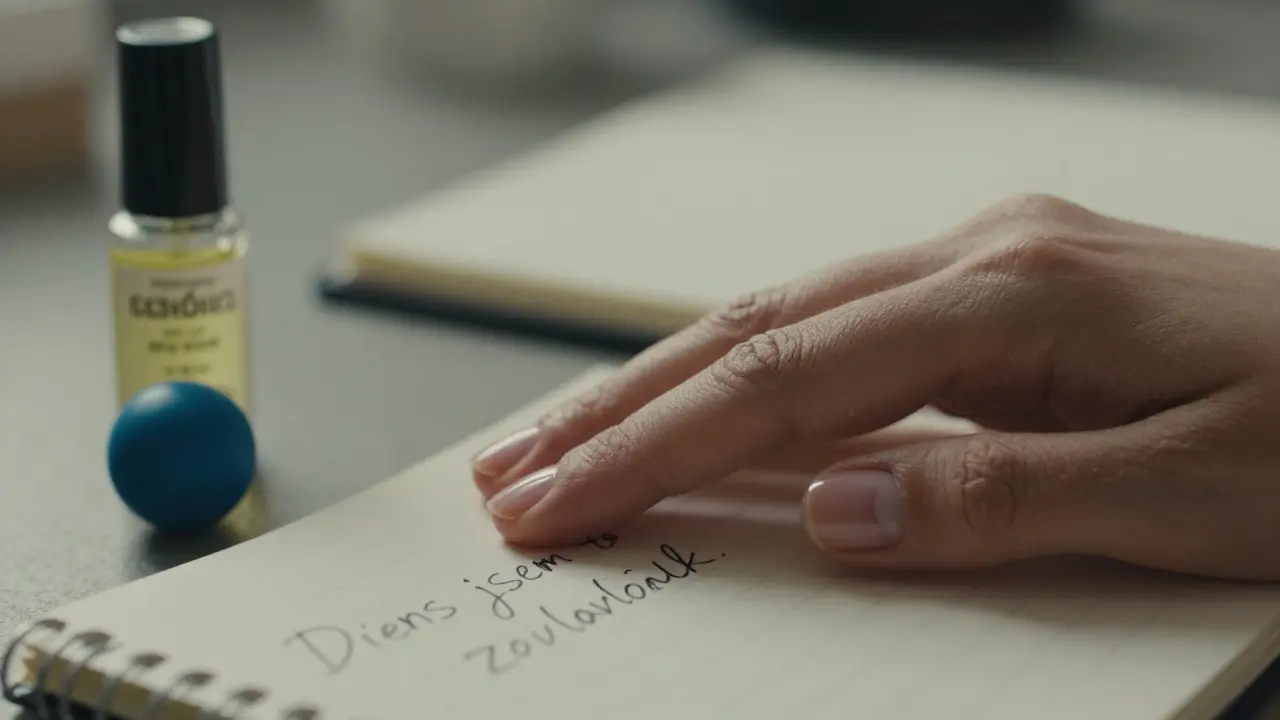 Ruka s krátkými, zdravými nehty pokrytými ostrým lakem a vedle ní míček na stres a láhev s olejem.