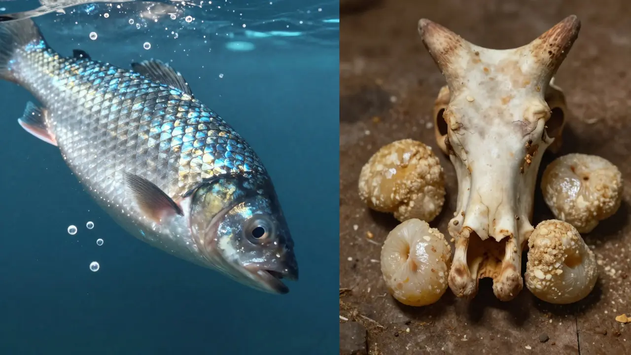 Rybí kůže s malými molekulami a hovězí kosti s většími částicemi.