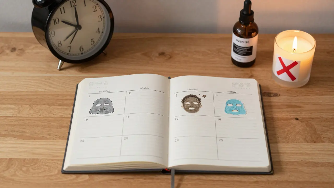 Týdenní plán maskování na stole s hydratačními a vyčišťujícími maskami, večerní osvětlení.