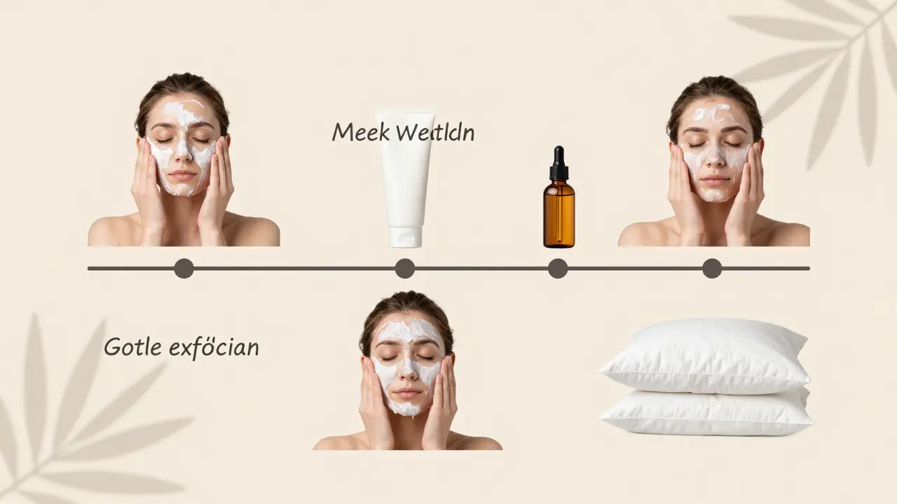 Týdenní režim čištění pleti: čištění, hydratace, mírná exfoliace a výměna polštářů.