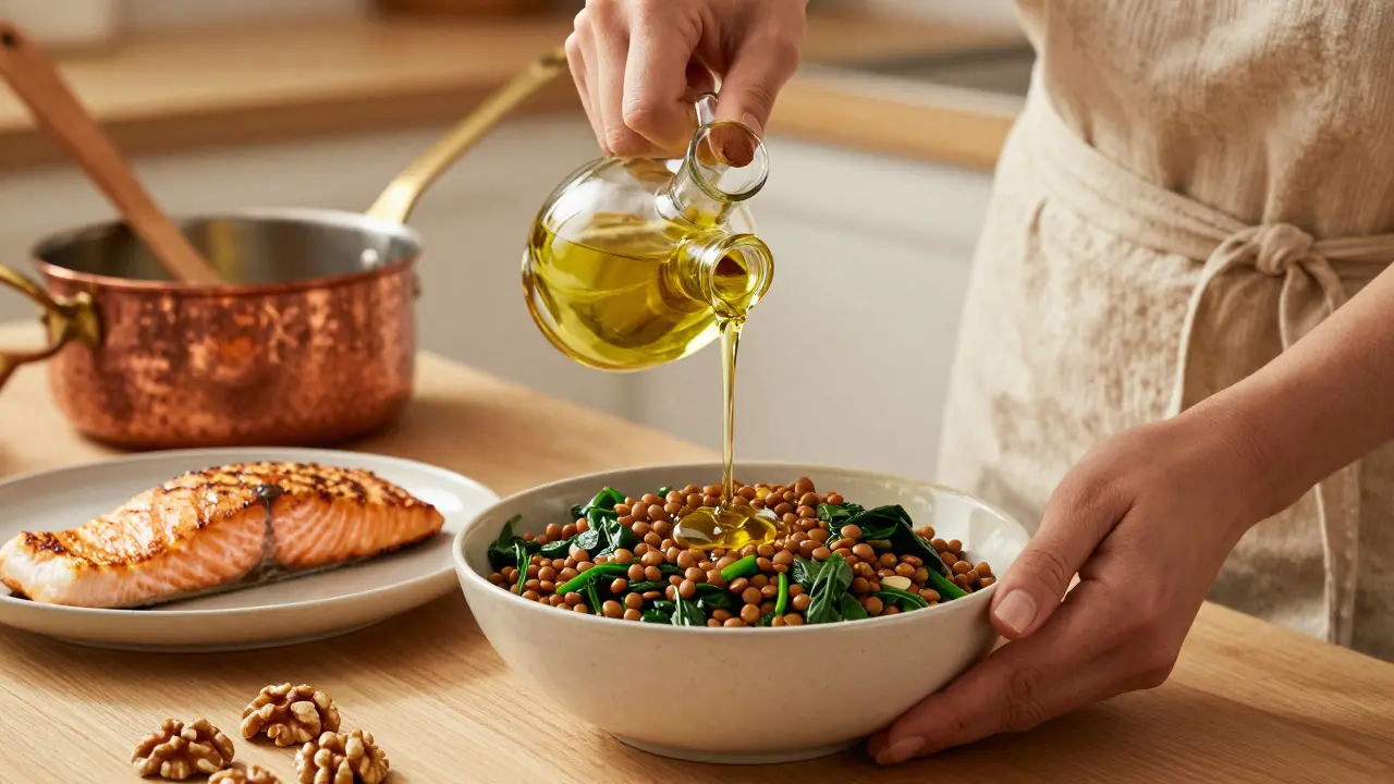 Vaření čočky se špenátem a řepkovým olejem s lososem pro sílu vlasů
