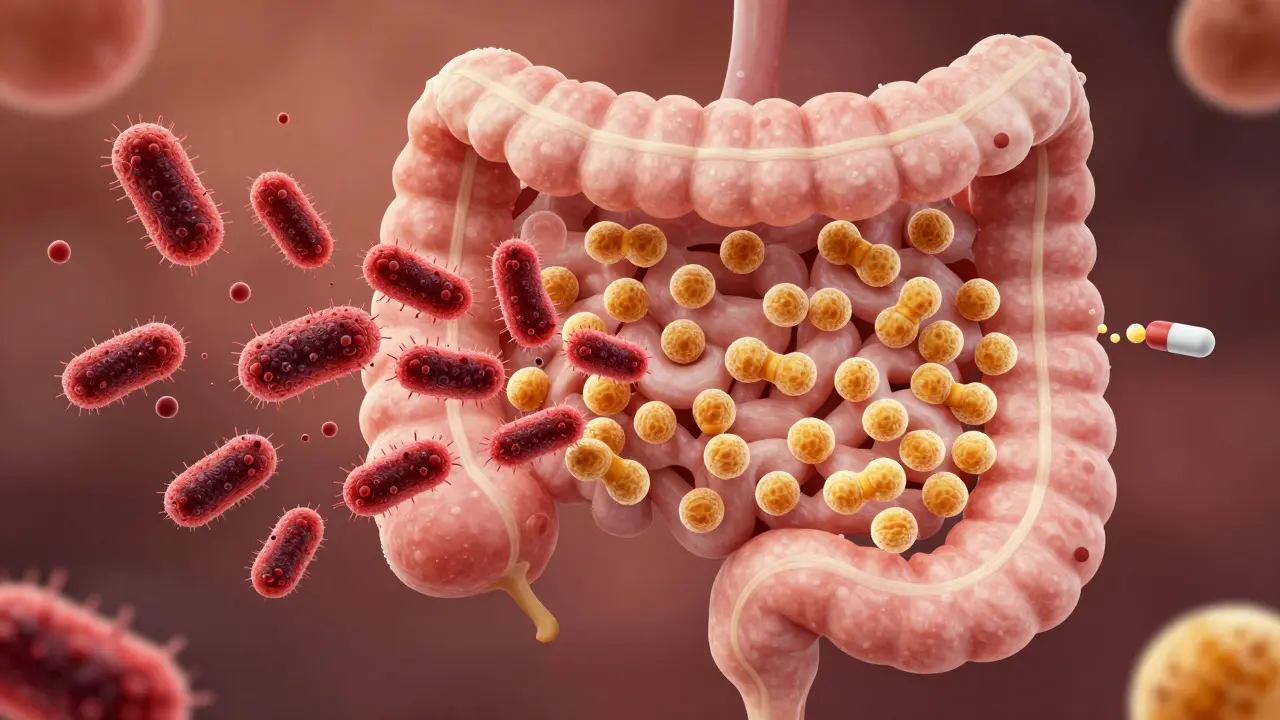 Zdravá střevní mikroflóra s přirozeně se rozmnožujícími prospěšnými bakteriemi.