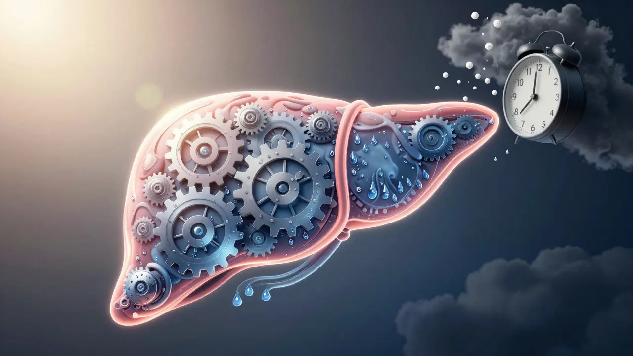 Abstraktní obraz játra jako stroje obnovované spánkem, vodou a dechovými cvičeními