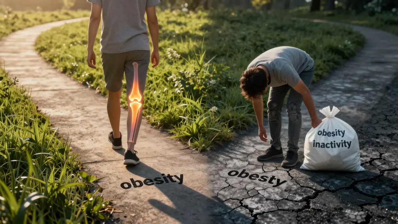 Dvě cesty od jedné osoby: jedna vedoucí ke zdravému pohybu, druhá k bolesti a poškození kloubu způsobenému nezdravým životním stylem.