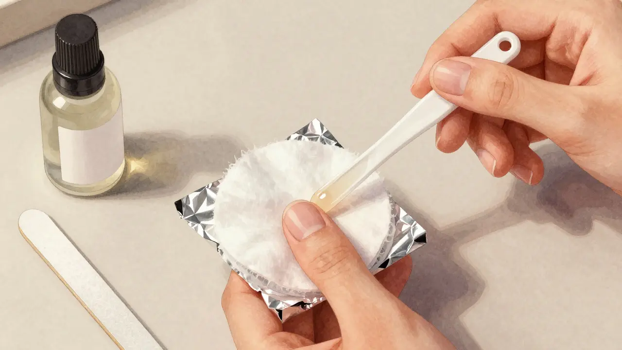 Jemné odstraňování gelové manikúry pomocí vlněné vaty a hliníkové fólie.