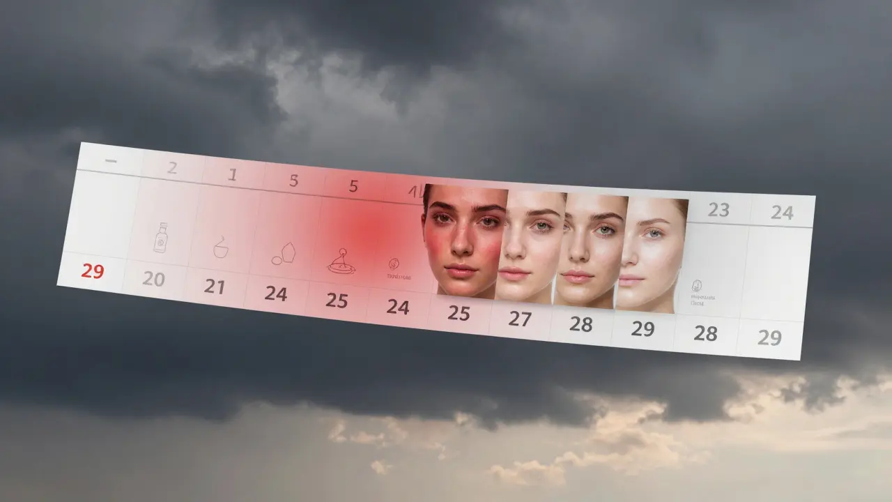 Kalendář ukazuje 28 dní, kdy se obličej přeměňuje z podrážděného na klidnou a zdravou pokožku.