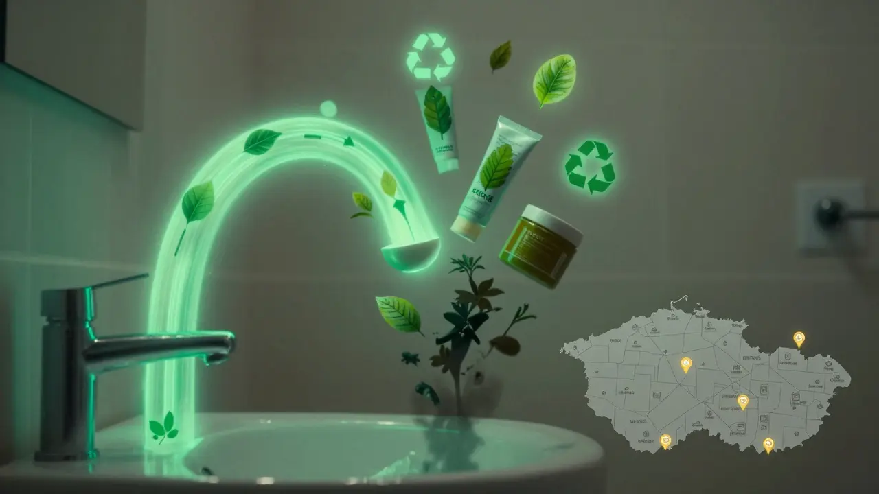 Koncepční scéna: kosmetické nádoby se mění v recyklované obaly, zatímco kontaminované produkty klesají do tmavých stínů, s výrazným značením Brna jako sběrného místa.