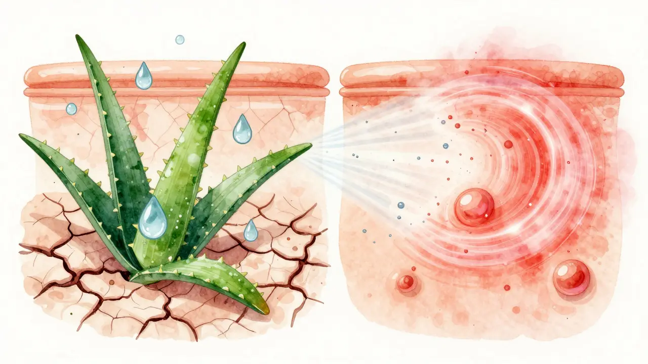 Konceptuální znázornění hydratace suché kůže a čištění mastné kůže pomocí pleťové vody a toniku.