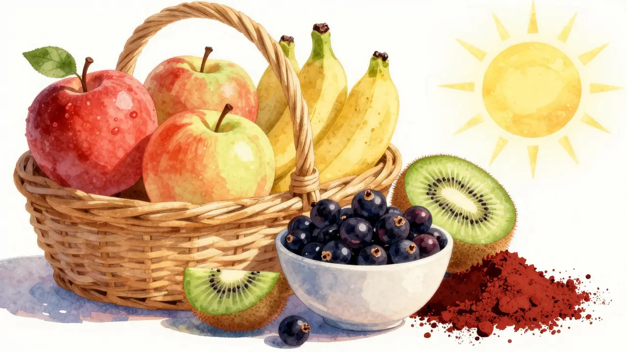 Kontrast běžných ovoce a superpotravin s výrazným rozdílem obsahu vitamínu C.