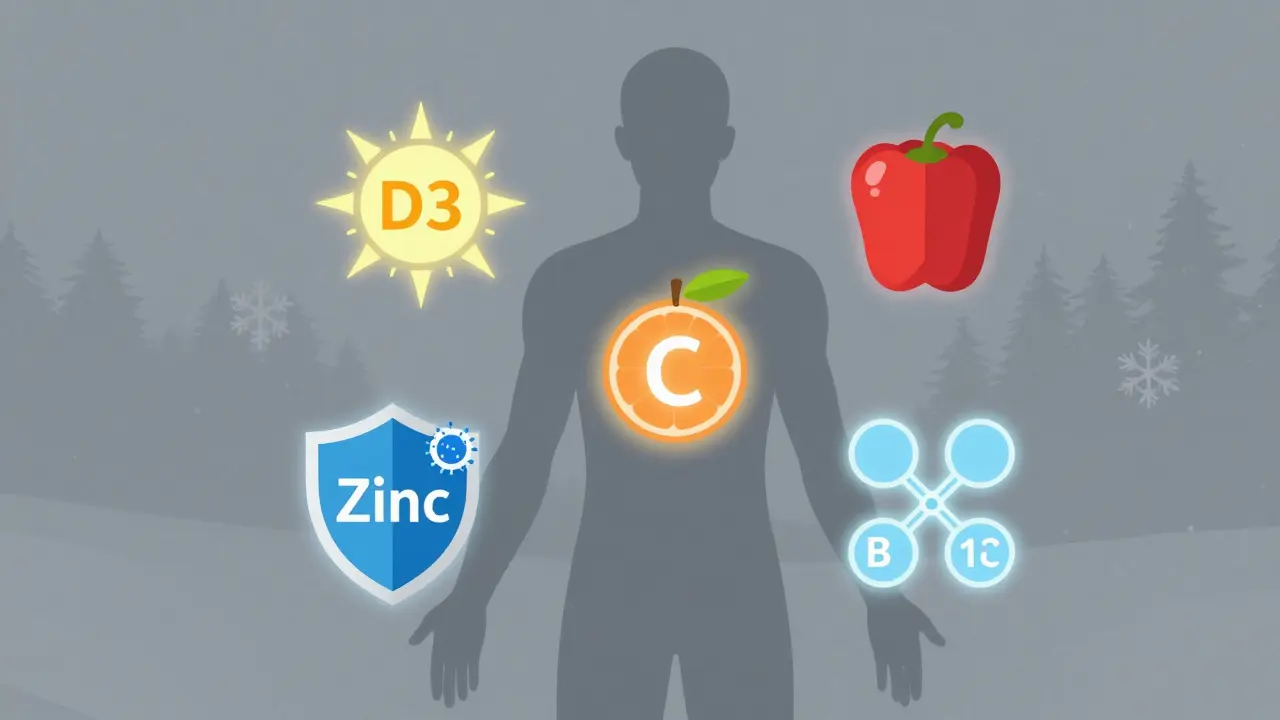 Lidský silueta s vyzařujícími ikonami vitamínů D3, C, Zinku a B12/Foliové kyseliny proti zimnímu pozadí.