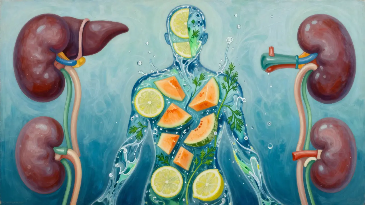 Lidský silueta vyplněná chladícím ovocem a detoxikačními orgány