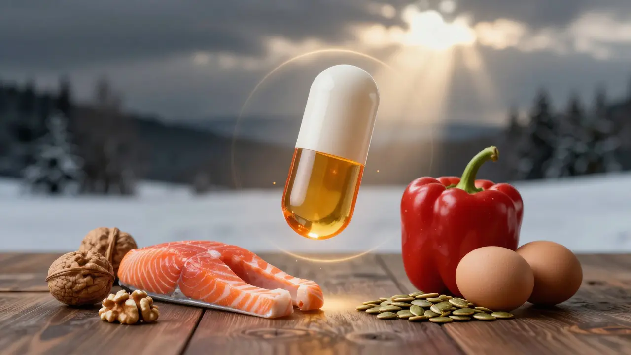 Multivitamínová kapsule nad potravinami bohatými na vitamíny: vlašské oříšky, losos, červená paprika, semena tykví a vejce.