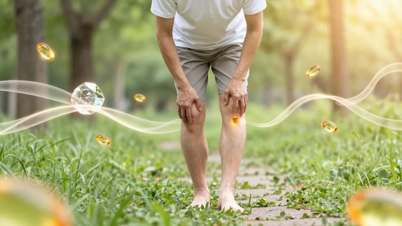 Muž ve věku 50 let šeptě se šťastným výrazem, kolem něj proužky kolagenu a vitamínu C.