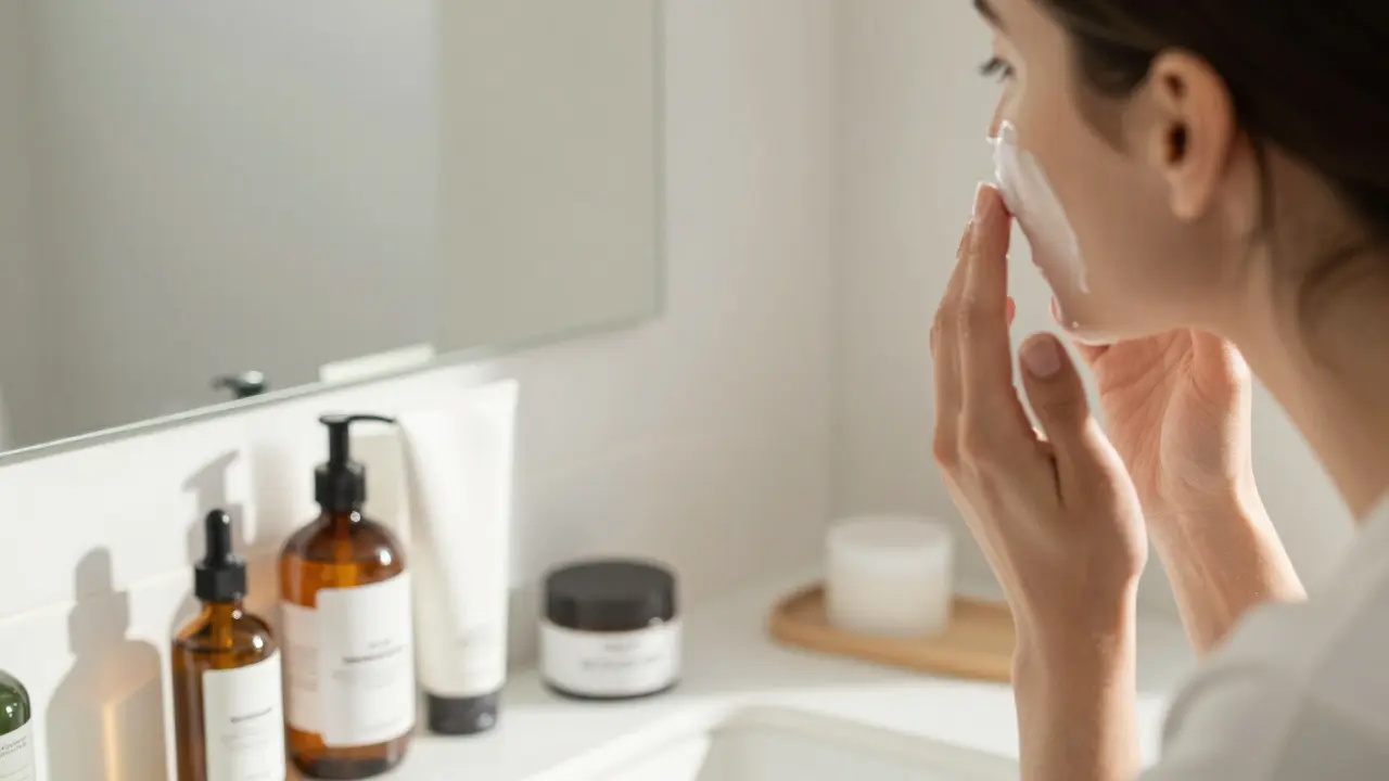 Osoba aplikující lehký hydratační gel na obličej při denním světle.