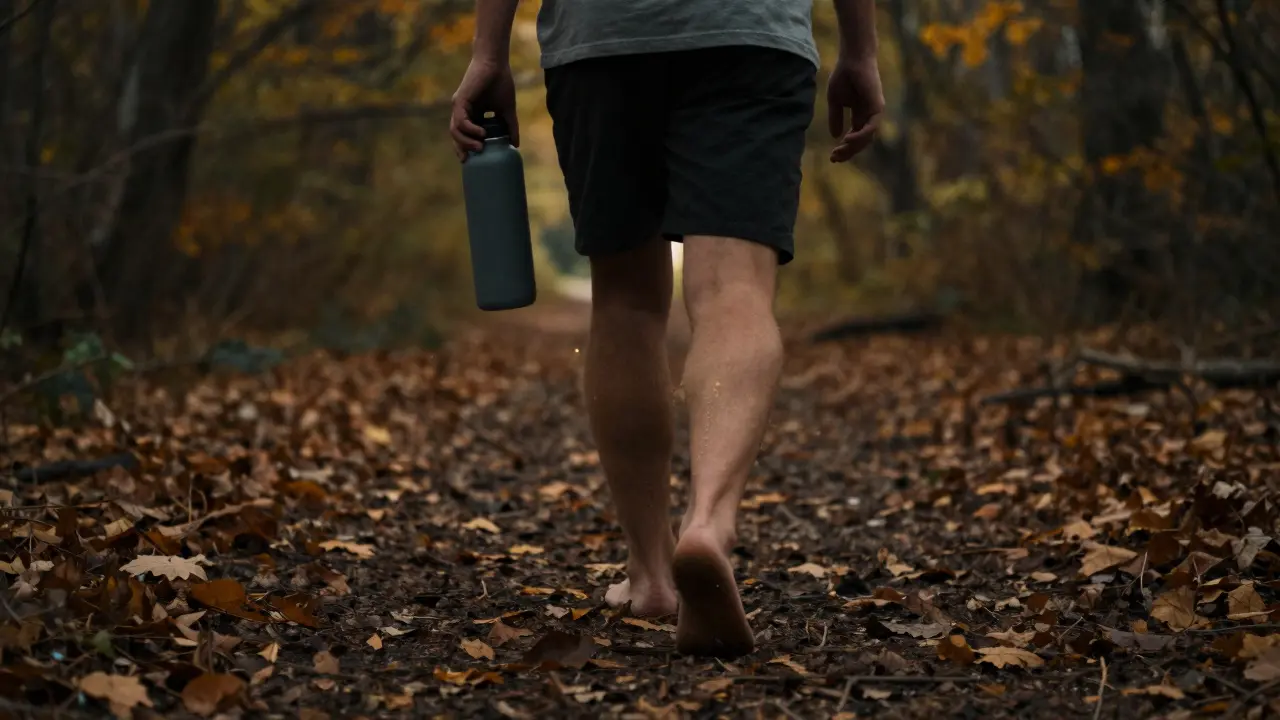 Osoba chodí bosá lesní cestou v soumraku, z jejího těla se odpojují jemné částice jako toxin.