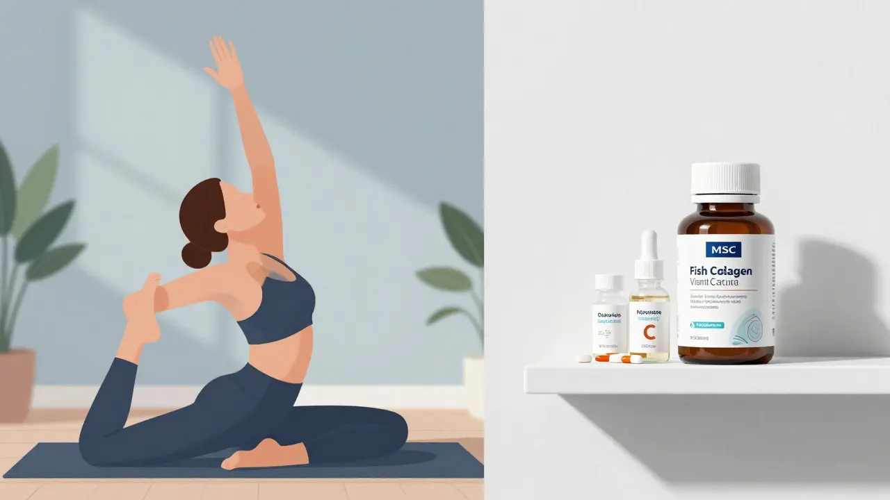 Osoba dělá jógu vedle přírodního doplňku stravy s certifikací MSC a vitamínem C.