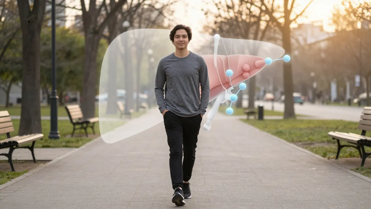 Osoba procházející po obědě v parku, symbolizující jednoduchý krok k léčbě ztučnění jater