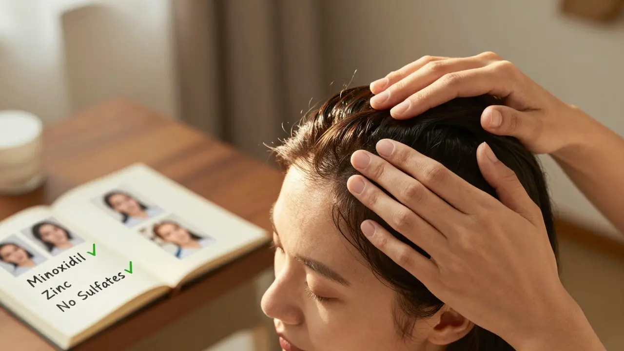 Osoba provádí masáž hlavy prsty v klidné, osvětlené místnosti, na stole je poznámkový blok s průběžnými fotografiemi.