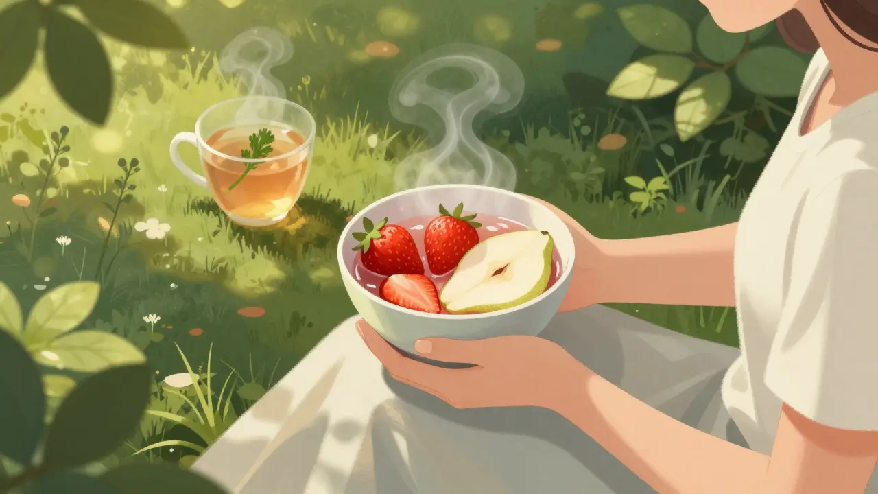 Osoba ve stínu zahrady s jahodami, hruškami a chřestem