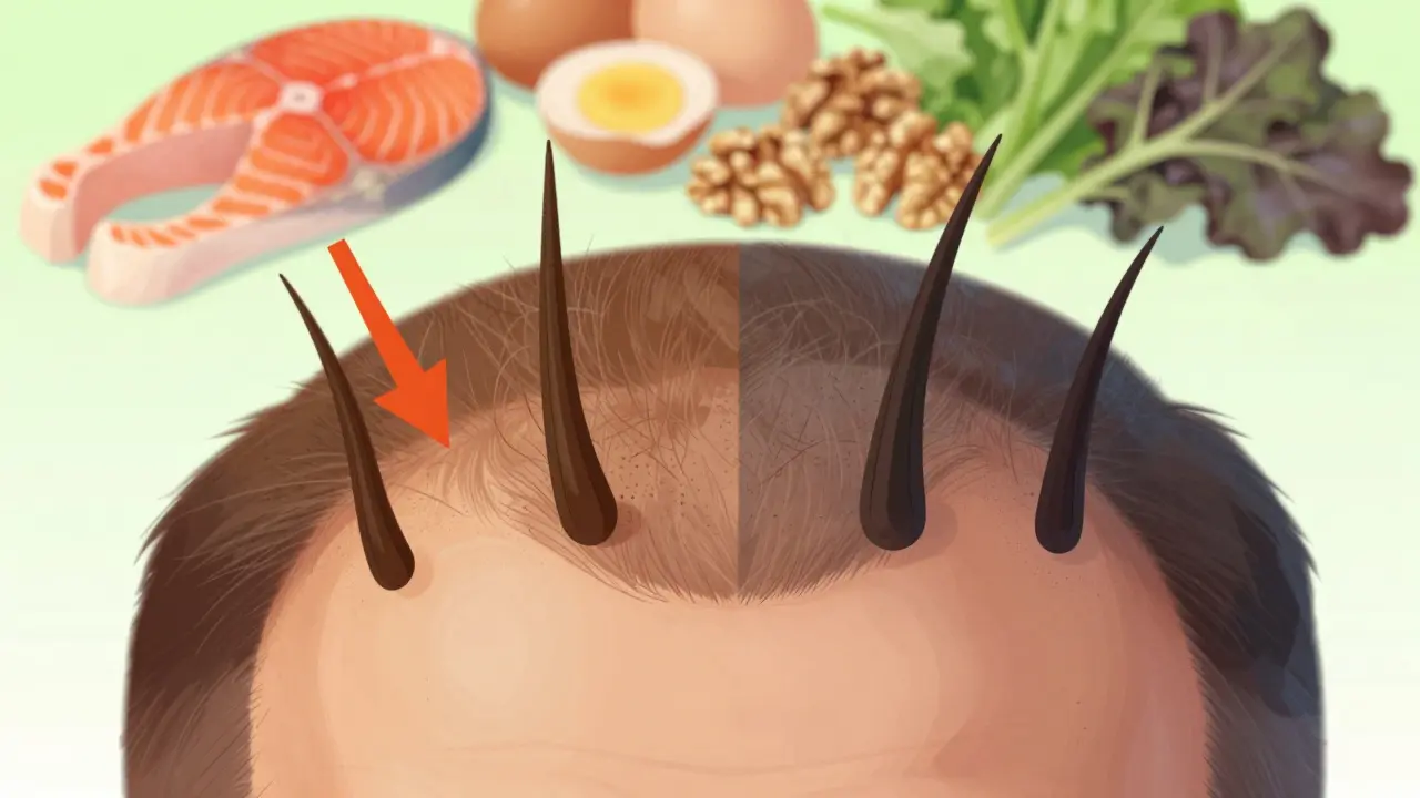 Přehled části pokožky hlavy s porovnáním zdravých a zmenšených vlasových folikulů, okolo nich potraviny bohaté na živiny.