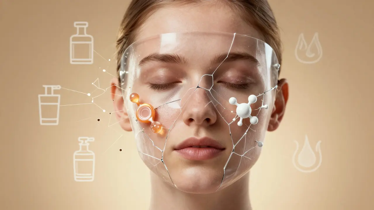 Průhledná poškozená bariéra pokožky se obnovuje molekulami niacinamidu a ceramidů, zatímco škodlivé látky mizí.