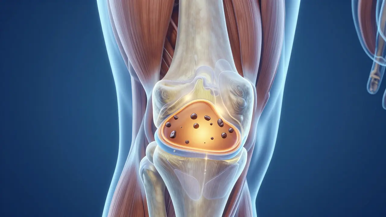 Průřez kolenního kloubu s porovnáním zdravé a poškozené chrupavky v kloubní tekutině.