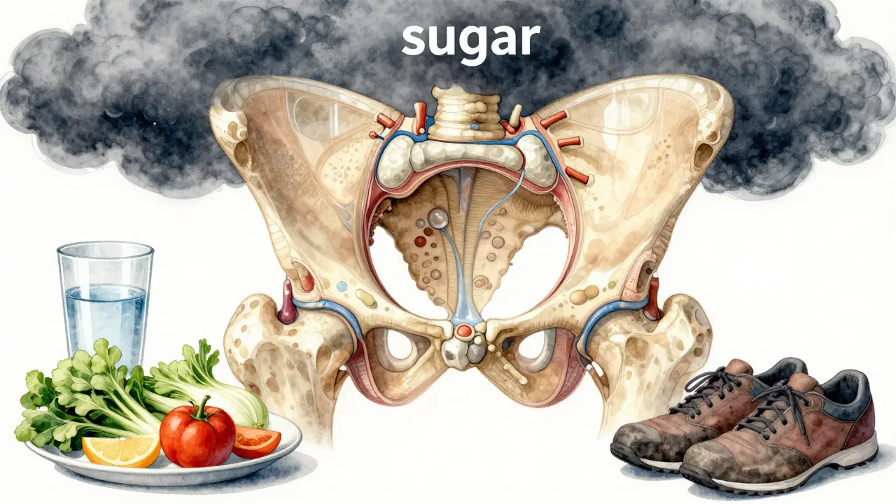 Průřez kyčelního kloubu s poškozenou chrupavkou, kde jsou vidět výživné tekutiny, doplňky a škodlivé látky v okolí.