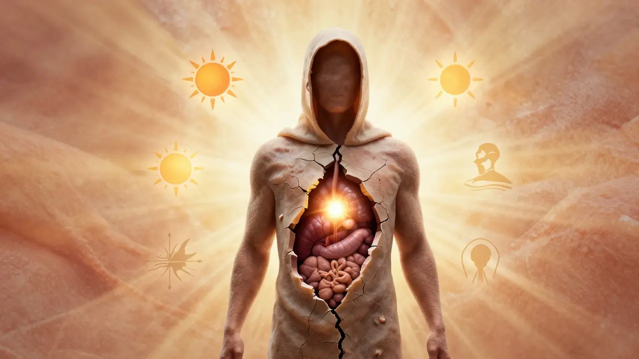 Silueta člověka s kůží jako ochranným pláštěm, která se částečně rozbila, odhalující živou jádro.