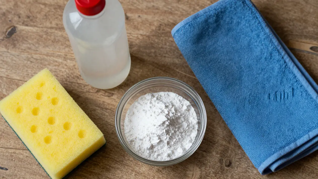 Soubor domácích čistících prostředků jako sody a octa na pracovní desce z horního pohledu.